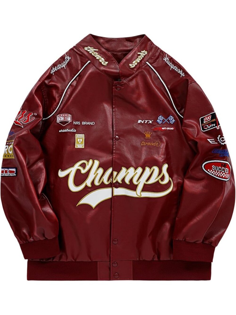 Women's Red Faux Leather Racing Jacket Oversized Motorcycle Biker Racer Jacket
